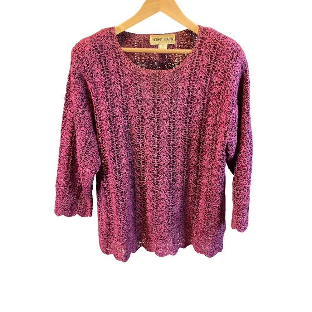 Victoria Woman Maroon Crochet Knit Long Sleeved Sweater Sz 1X